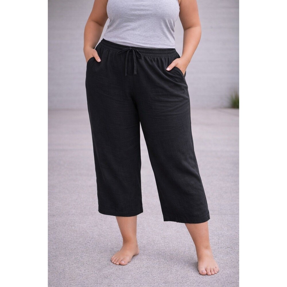 Women’s Black Linen Pants Size L Elastic Waist Drawstring Casual Comfort Pants